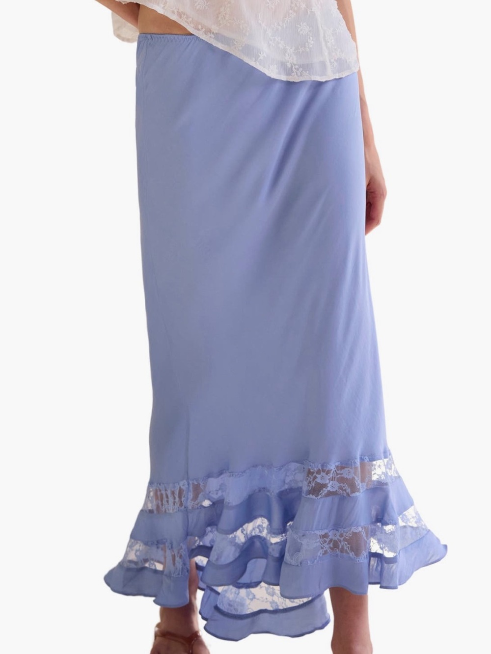 NWT Free People Long Lost Love Lace Detail Satin Slip Skirt in ‘Cashmere Blue’